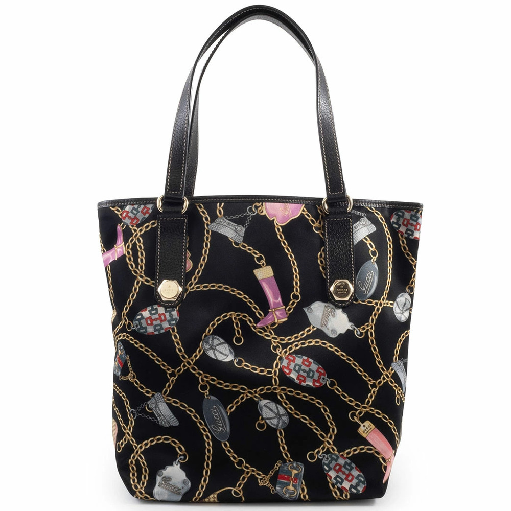 Gucci Tote Bag Satin Silk Leather Multicolor Chain Black
